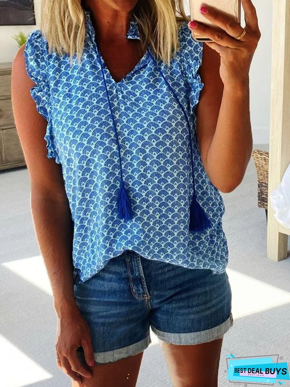 V Neck Polyester Fibre Loose Tanks & Camis