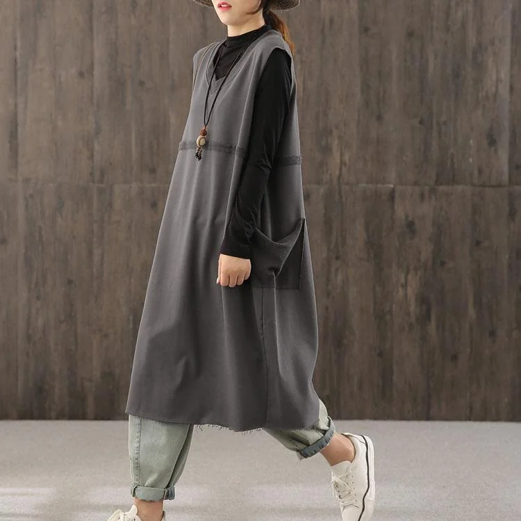 Bohemian gray tunics for women v neck patchwork Maxi Dress
