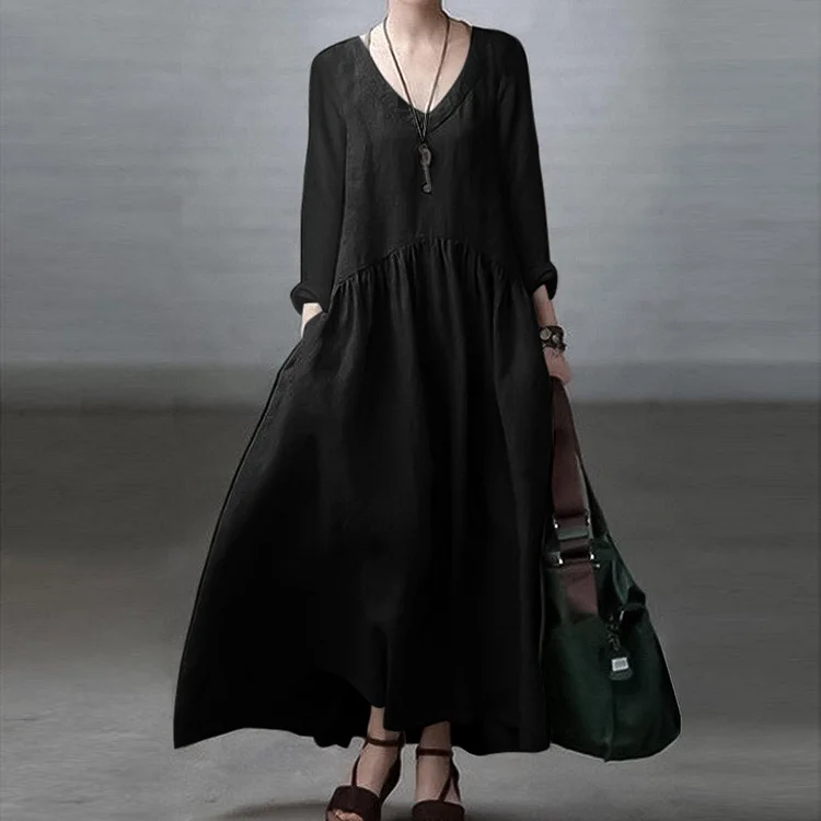 Vintage Cotton Linen V Neck Long Sleeve Comfy Maxi Dress