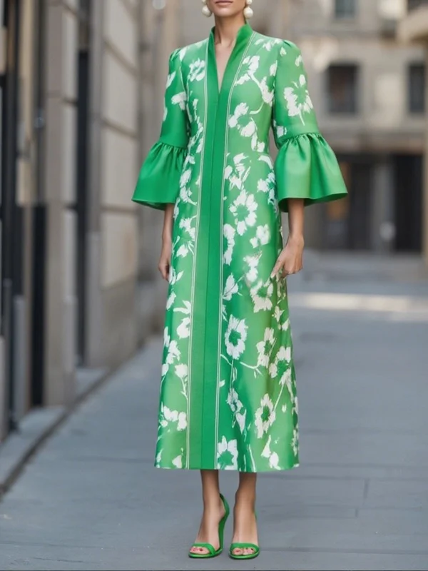 Flower Print Pleated Pockets Split-side Flared Sleeves Loose V-neck Maxi Dresses