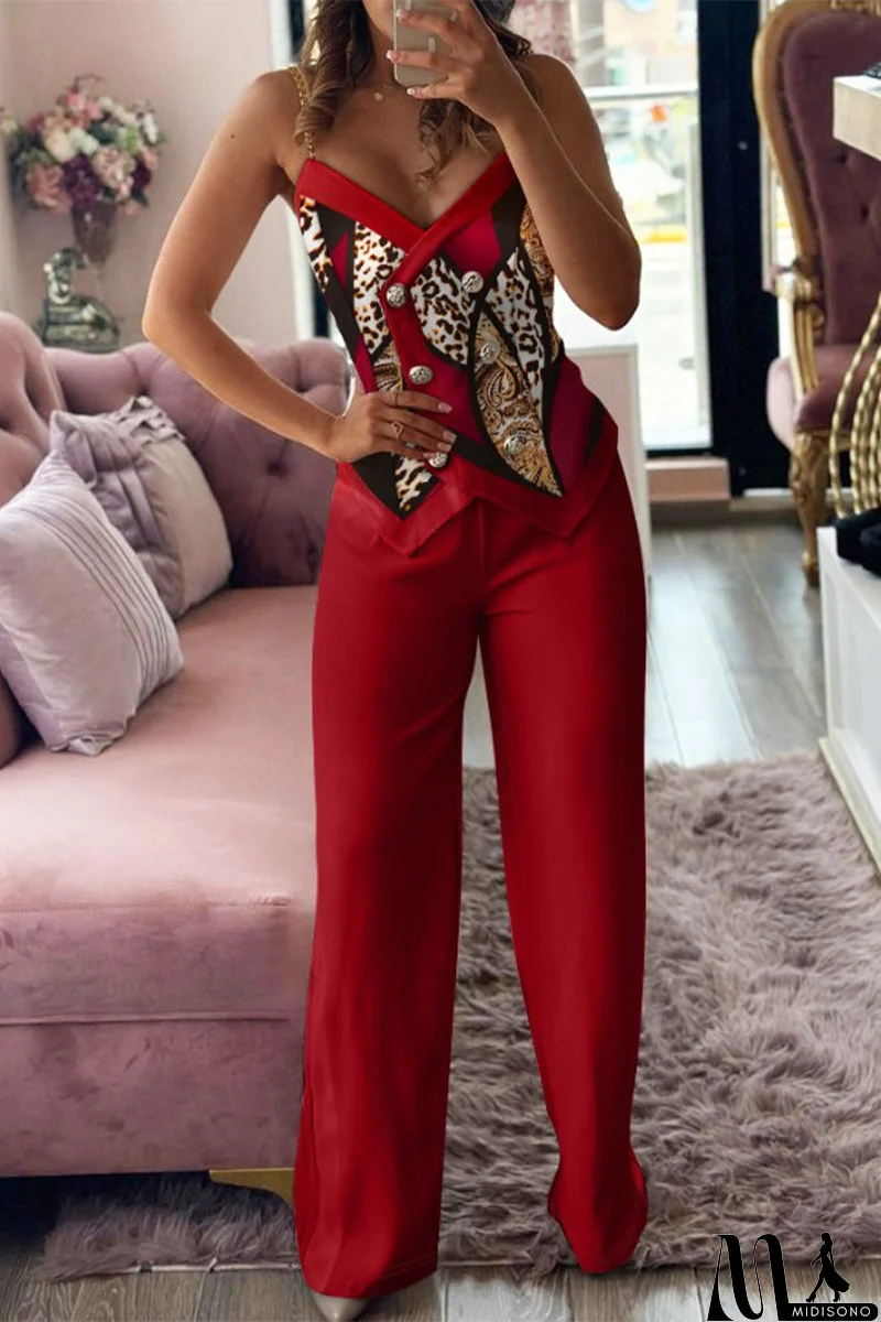 MidiSono - British Style Vintage Geometric Print Buttons Contrast V Neck Sleeveless Two Pieces