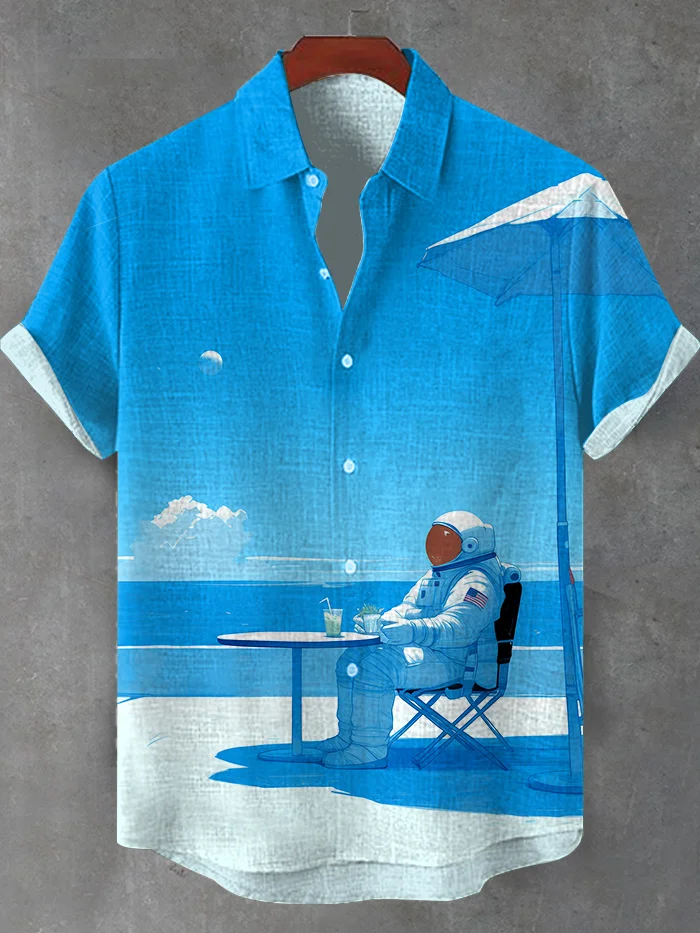 Men's Chilling Astronaut Seaside Vacation Print Casual Shirt
