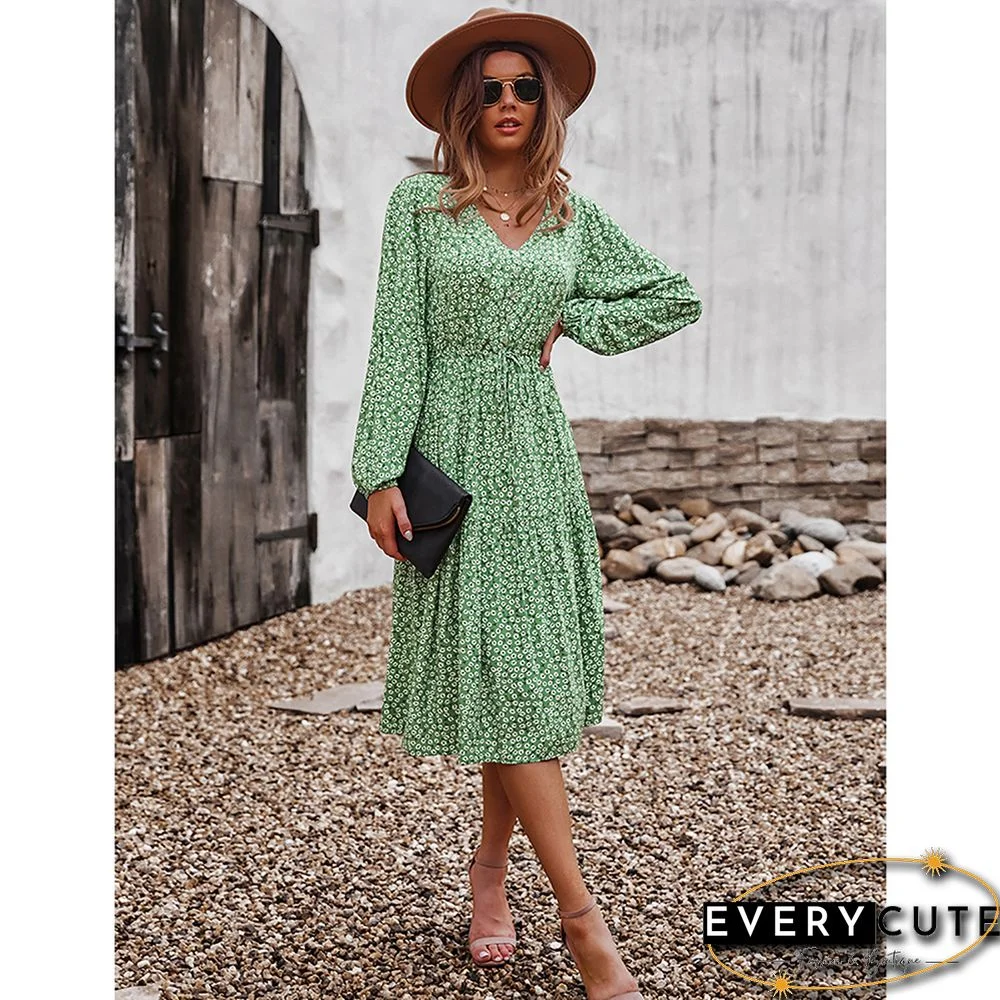 Light Green Floral Print V Neck Long Sleeve Dress