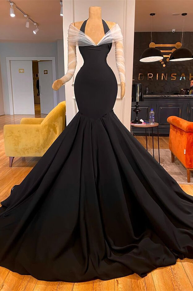 Bellasprom Black Halter Mermaid Evening Dress With Sheer Long Sleeves Bellasprom