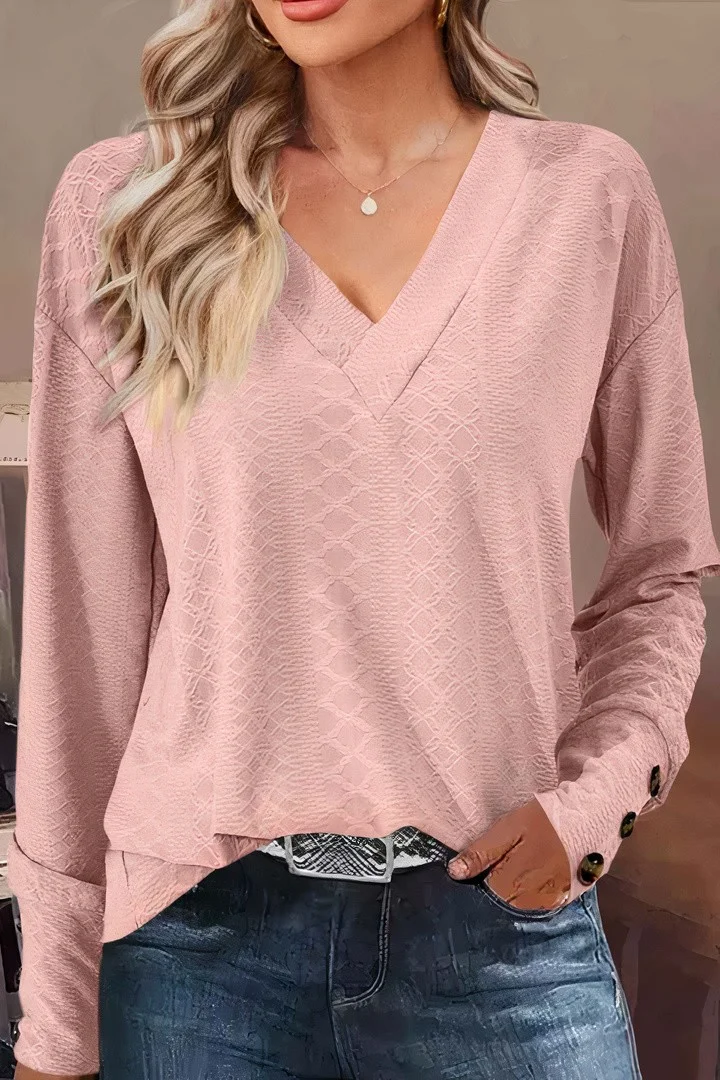 Solid Jacquard Button Cuff V Neck T-Shirt