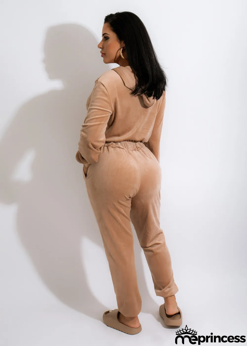 Velvet Hooded Drawstring Zipper Jumpsuit