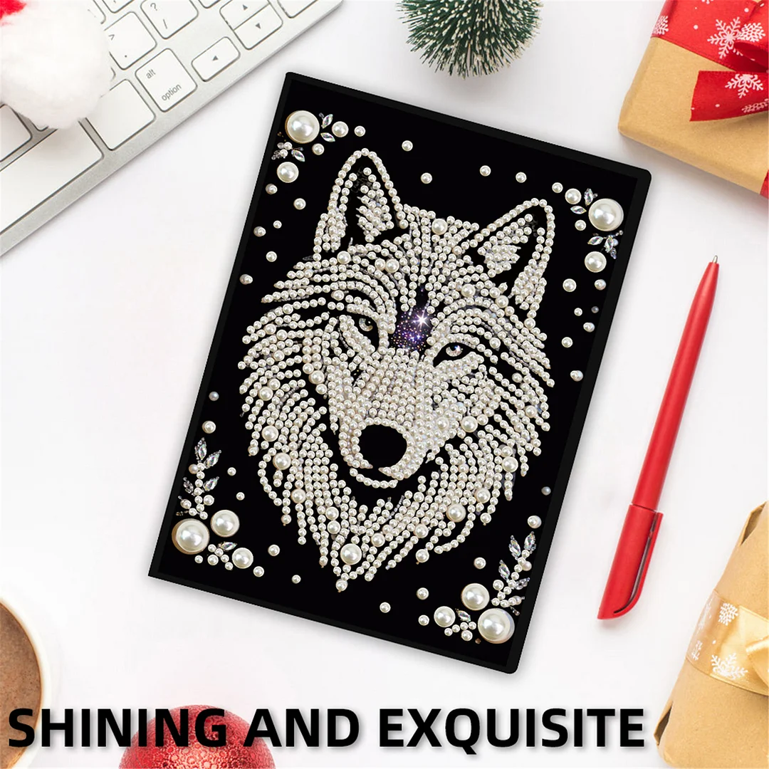 Wolves Partial Pearl DIY 50 Pages A5 Diamond Painting Notebook Special Shaped Diamond Art Diary Book Kits Wireless Strip 5D Crystal Art Paintings Sketchbook for Art Drawing