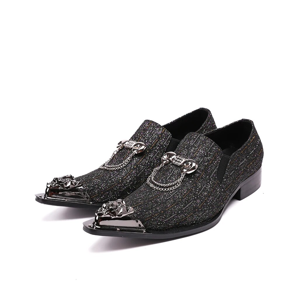 VCSHOES Bling Sequins Real Leather Men Party Dress Shoes Metal Pointed Toe Plus Size Men Business Formal Oxford Shoes