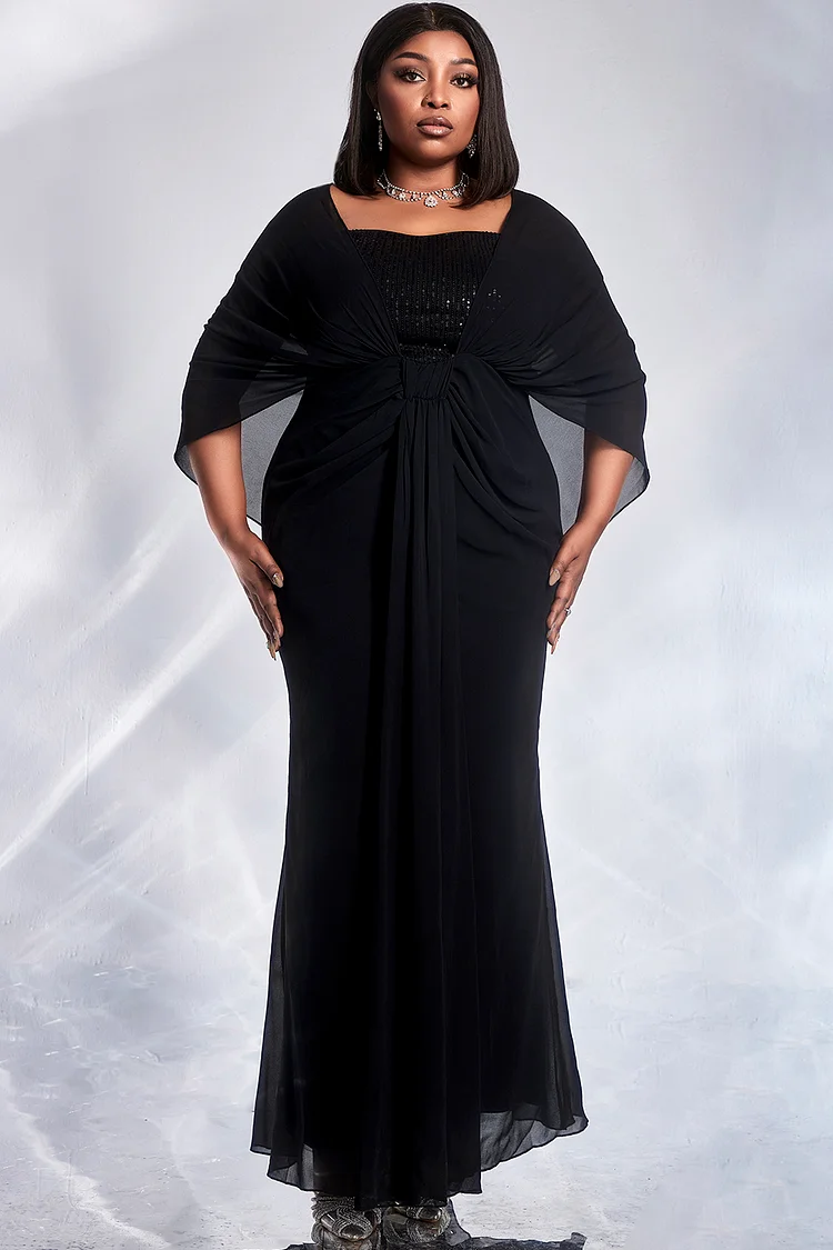 Xpluswear Design Plus Size Formal Dress Black Cape Sleeve Sequin Maxi Dress [Pre-Order]