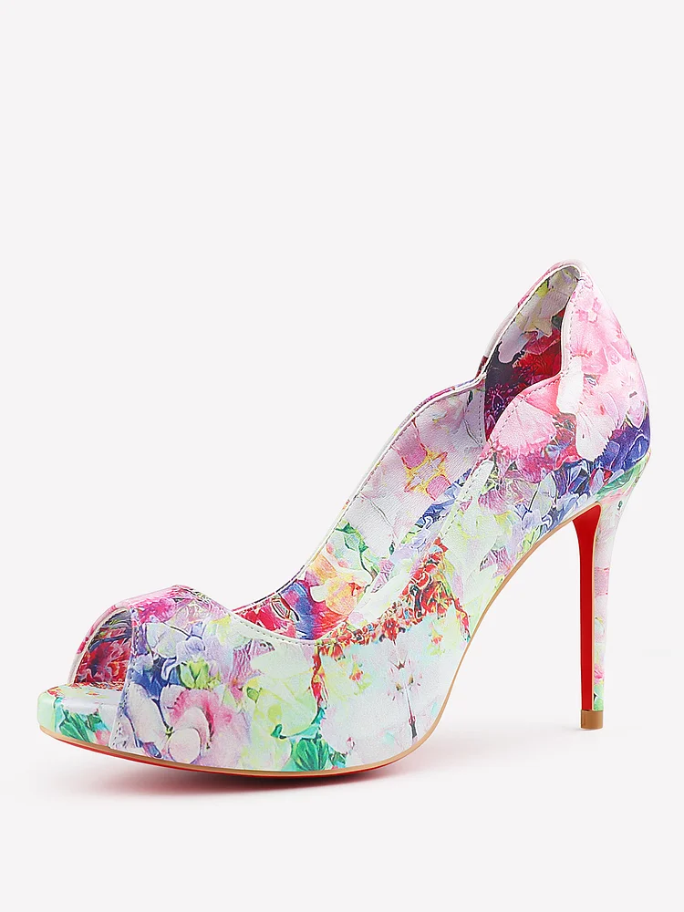 100mm Women's Platforms Heels Party Wedding Red Bottom Flowers Print Pumps Open Toe Shoes