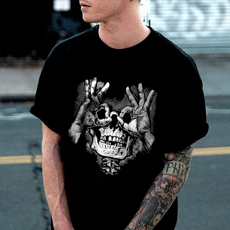 Skull with OK Pattern Graphic Casual Black Print T-shirt