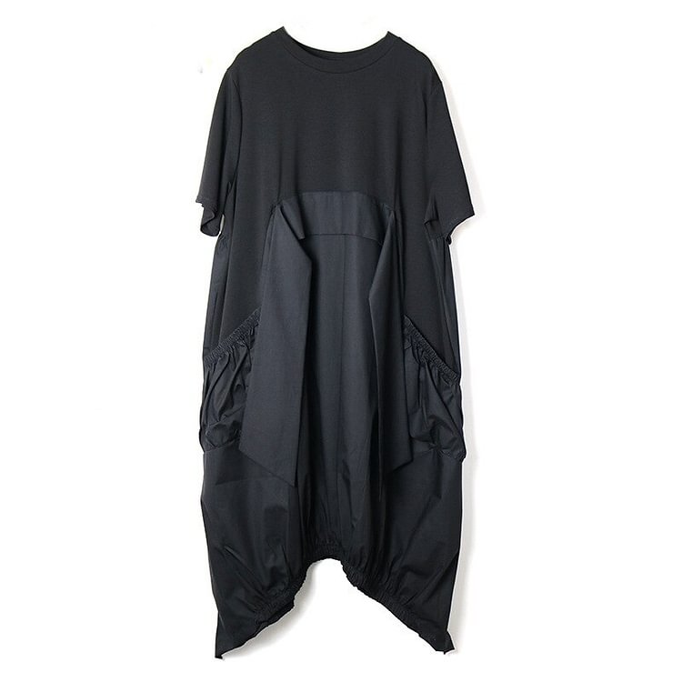 Fashion Loose O-neck Patchwork Elastic Pockets And Hem Draped Short Sleeve Dress         