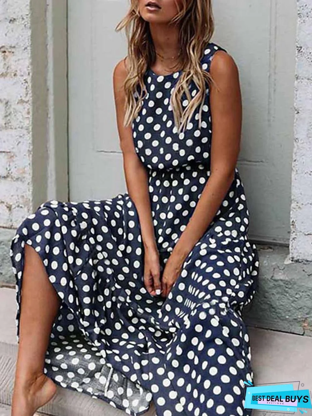 Women's Swing Dress Maxi Long Dress - Sleeveless Polka Dot Spring & Summer Hot Elegant Slim Black Yellow Navy Blue Khaki Green Black Dresses