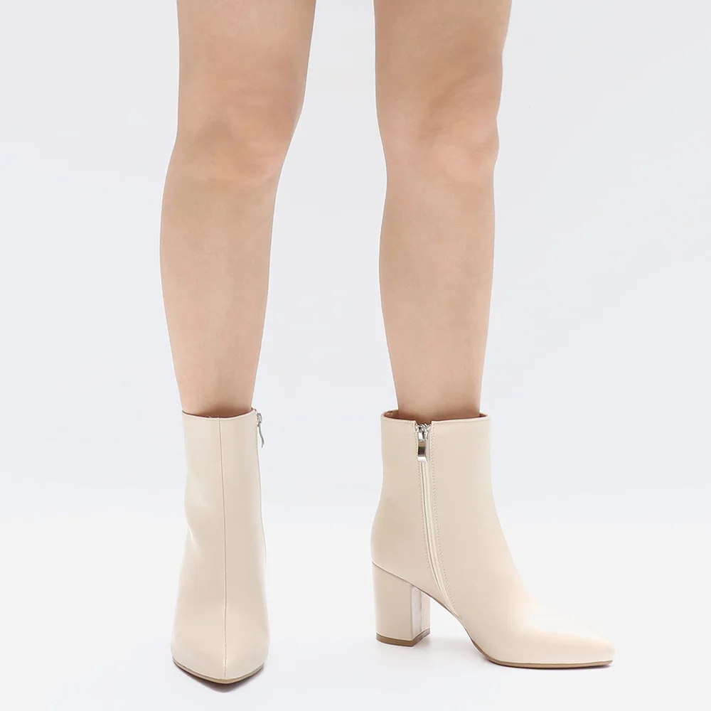 75mm Women's Zipper Pointed Toe Chunky Block Heel Ankle Boots Off White-MERUMOTE