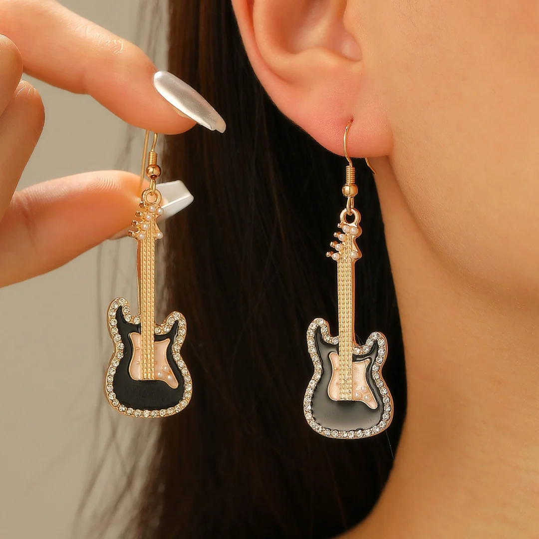 Oil Drip Zirconia Guitar Gold Plated Earrings