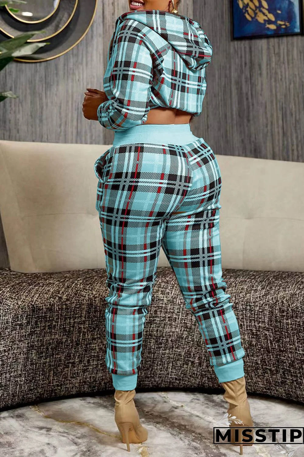 Pink Casual Plaid Print Patchwork Hooded Collar Long Sleeve Two Pieces