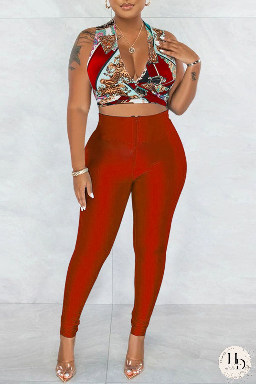 Yellow Sexy Print Bandage Patchwork V Neck Sleeveless Two Pieces