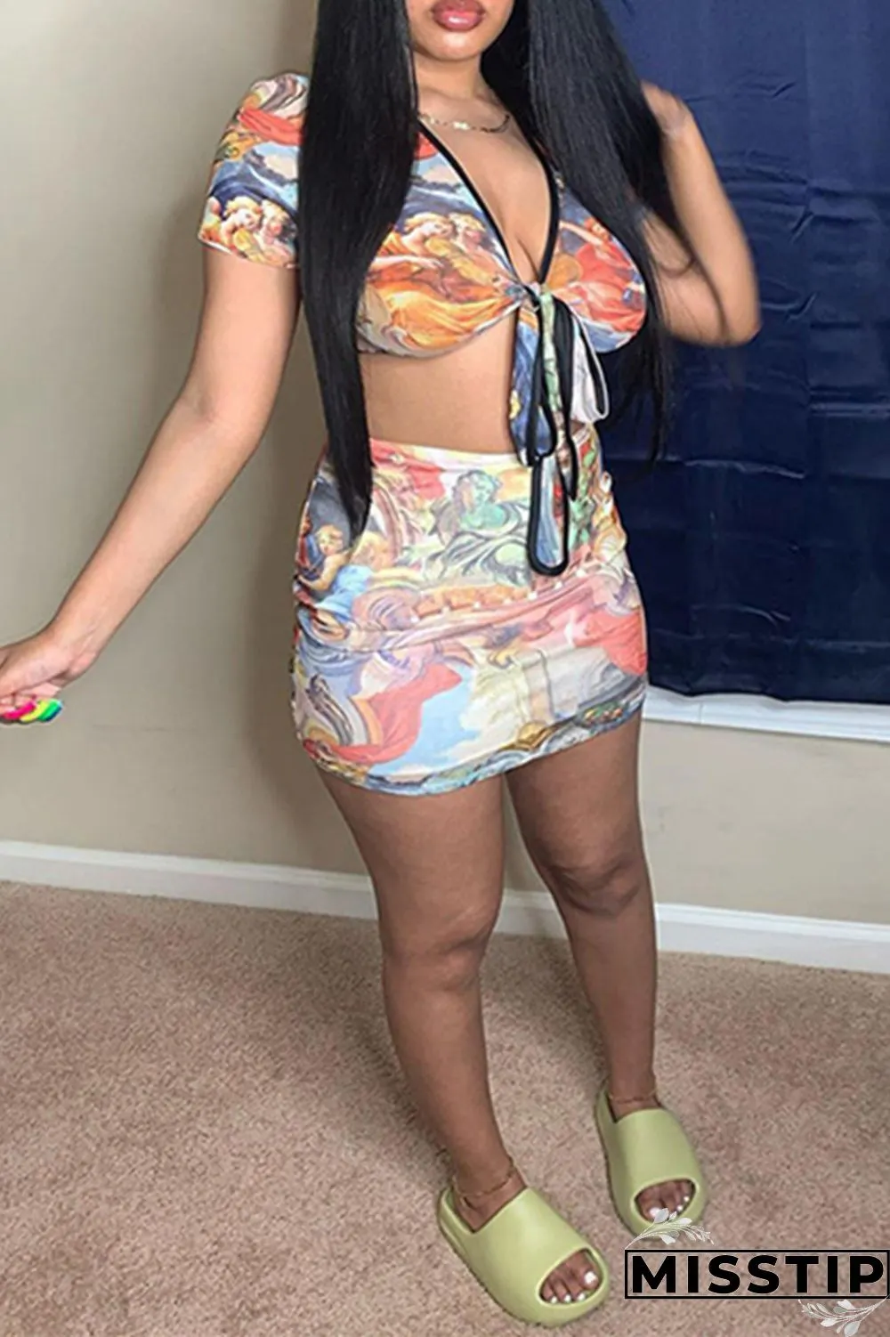 Colour Fashion Sexy Print Bandage V Neck Short Sleeve Two Pieces