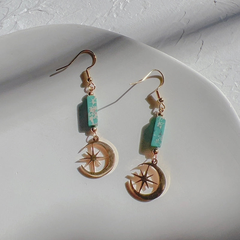 1 Pair Ethnic Style Star Moon Stainless Steel Natural Stone Drop Earrings