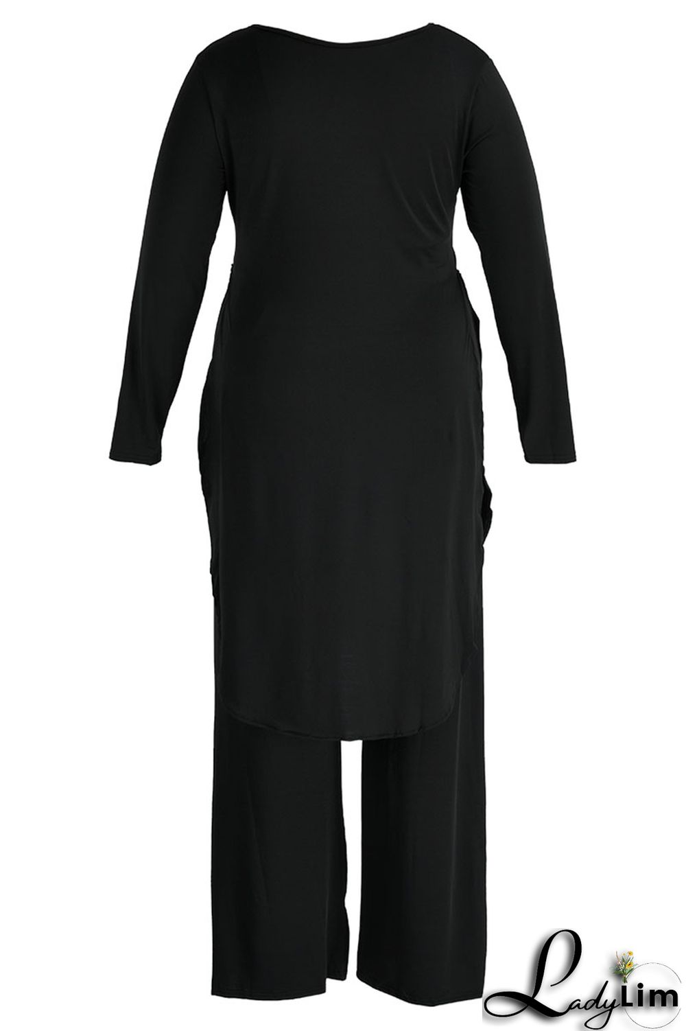 Black Casual Solid Patchwork Slit O Neck Plus Size Two Pieces