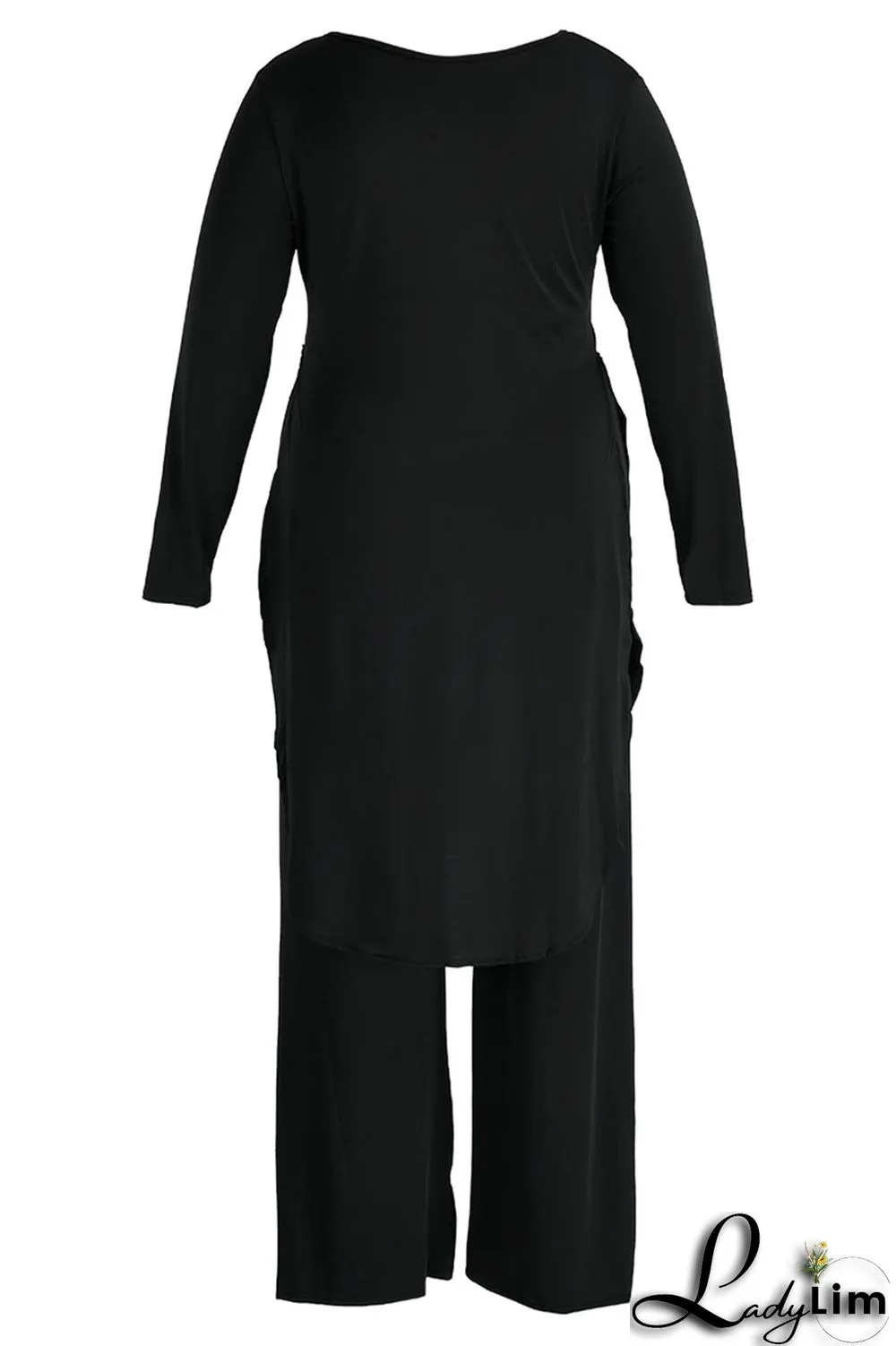 Black Casual Solid Patchwork Slit O Neck Plus Size Two Pieces