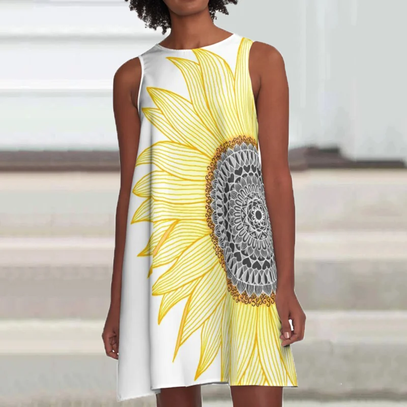 Tribal Sunflower Print Loose Sleeveless Mini Dress