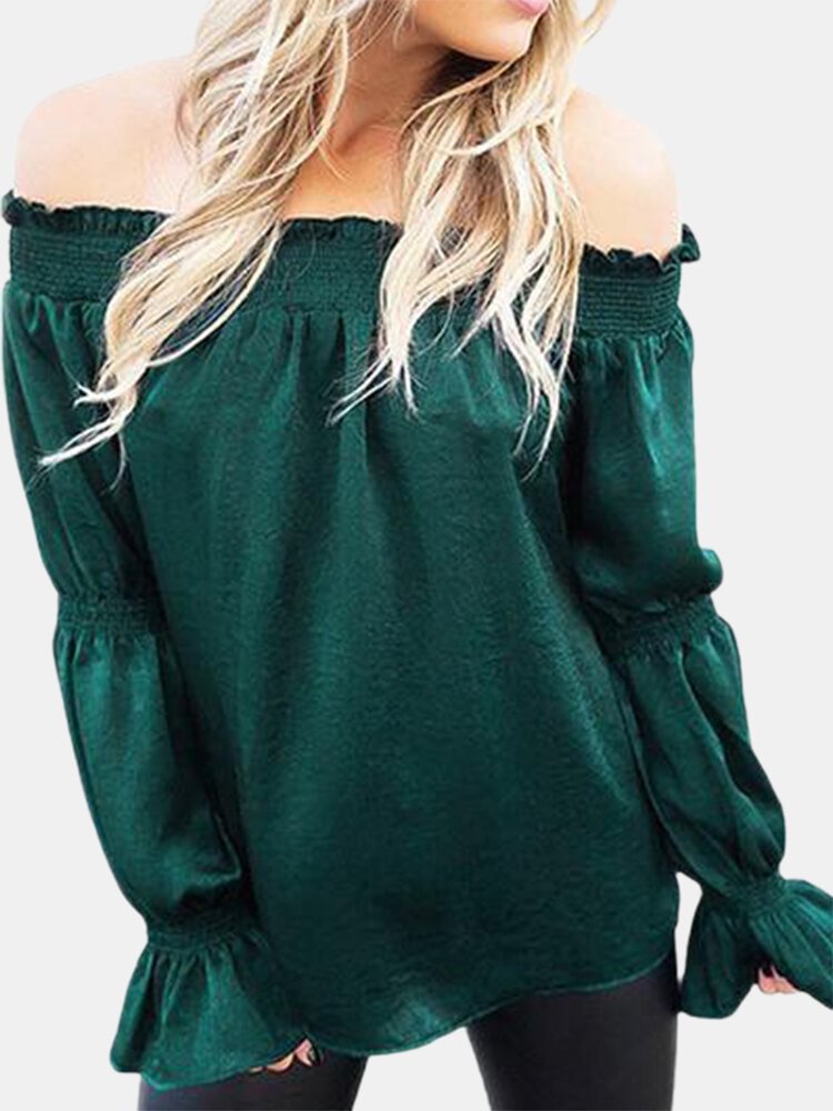 Solid Color Bell Sleeve Slash Neck Pleated Blouse For Women P1736712