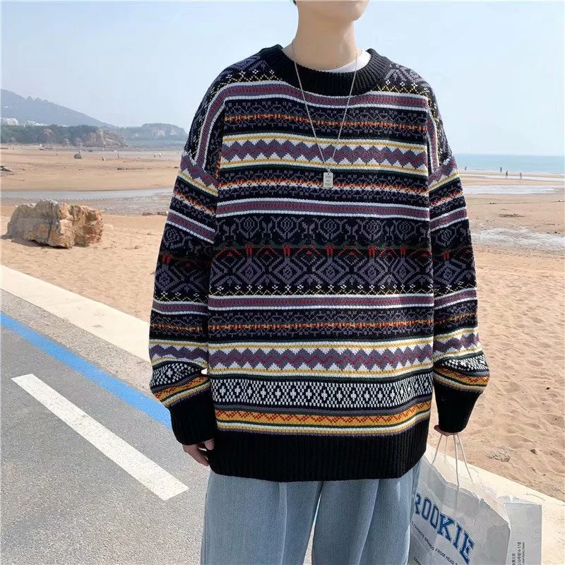 Thanksgiving Day Gifts Retro Literary Jacquard Crew Neck Sweater Men's Spring/Autumn Loose Student Korean Version Of The Trend Of Long-Sleeved Sweater