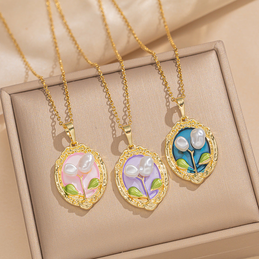 French Retro Oil Drop Baroque Freshwater Pearl Enamel High-Grade Painted Flower Pendant Necklace