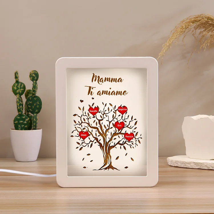 Cornice albero di cuore rosso con LED luce a tre colori 5 nomi e 1 testo personalizzati anche usati come specchio regalo per mamma/nonna