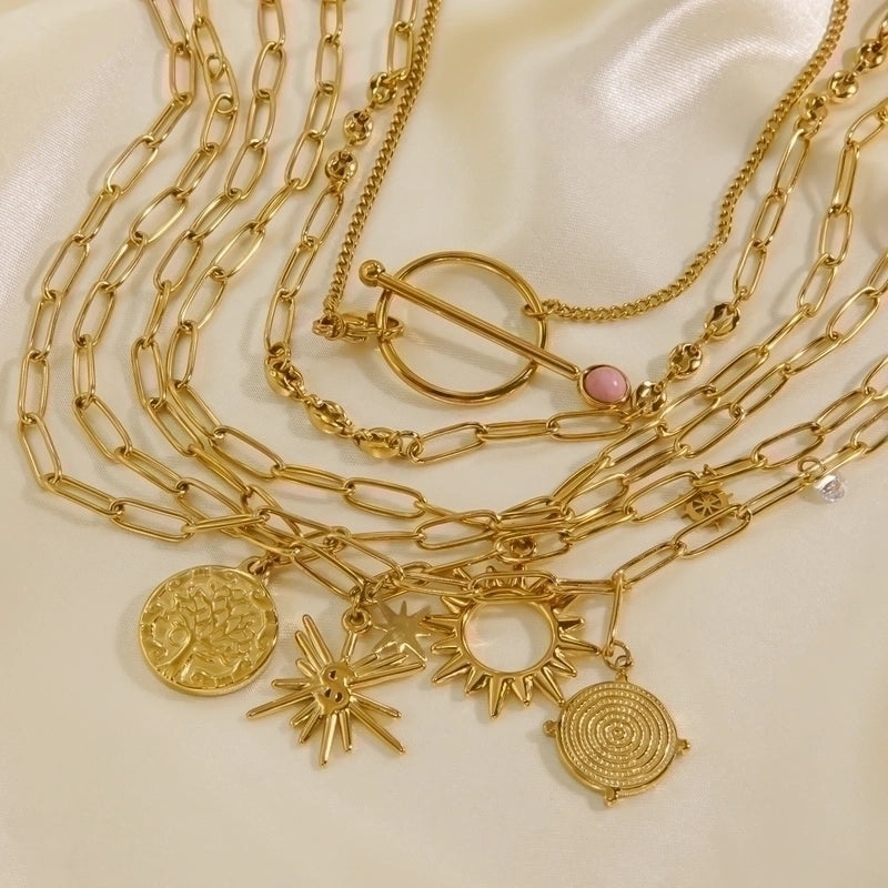 2 Pairs 304 Stainless Steel 14K Gold Plated Hip-Hop British Style Plating Inlay Sun Tree Dollar Natural Stone Pendant Necklace