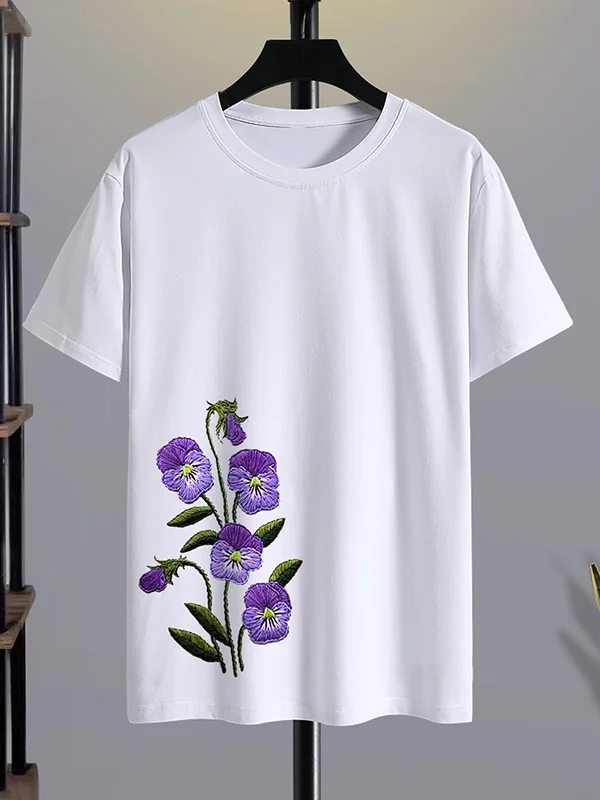 <💯Cotton> Men's Violet Floral Print Cotton Casual T-Shirt