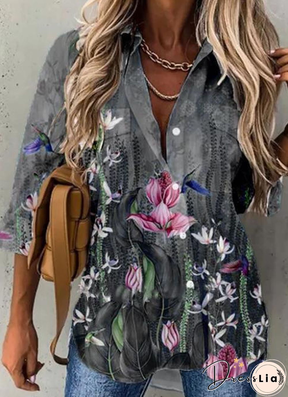 Lapel 3/4 Sleeve Printed Shirt