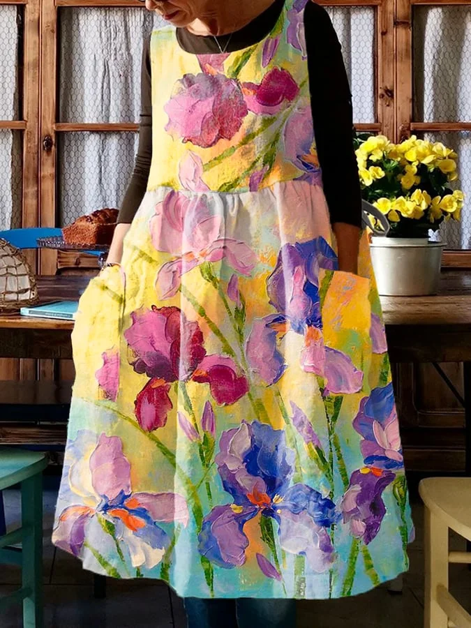 Women's oil painting iris print dress