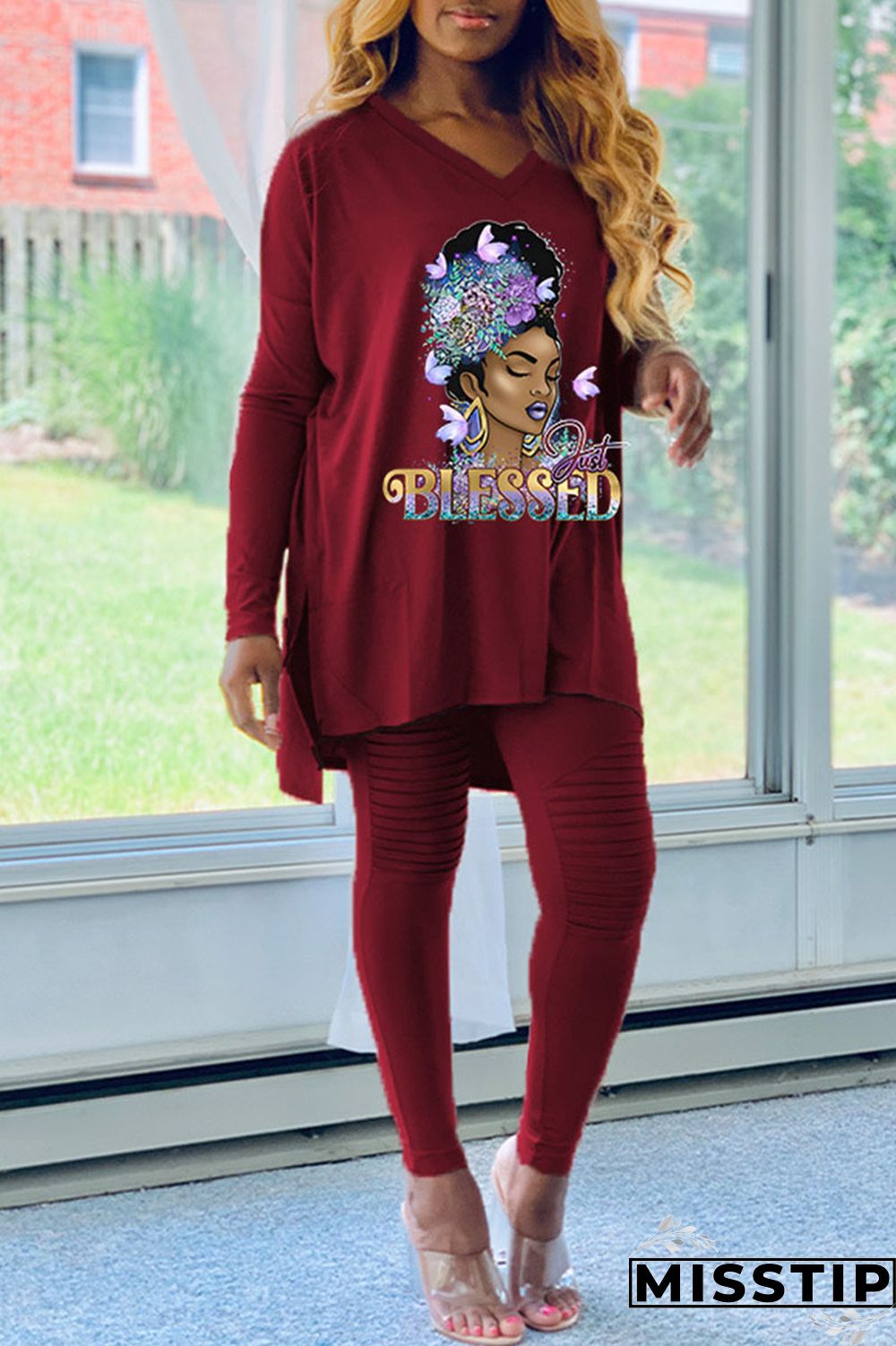 Burgundy Casual Print Patchwork V Neck Long Sleeve Two Pieces