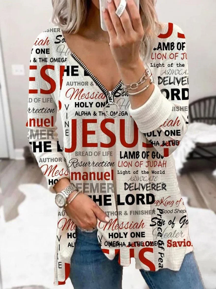 Fashion Letter Printing V-neck Long-sleeved Casual T-shirt | EGEMISS