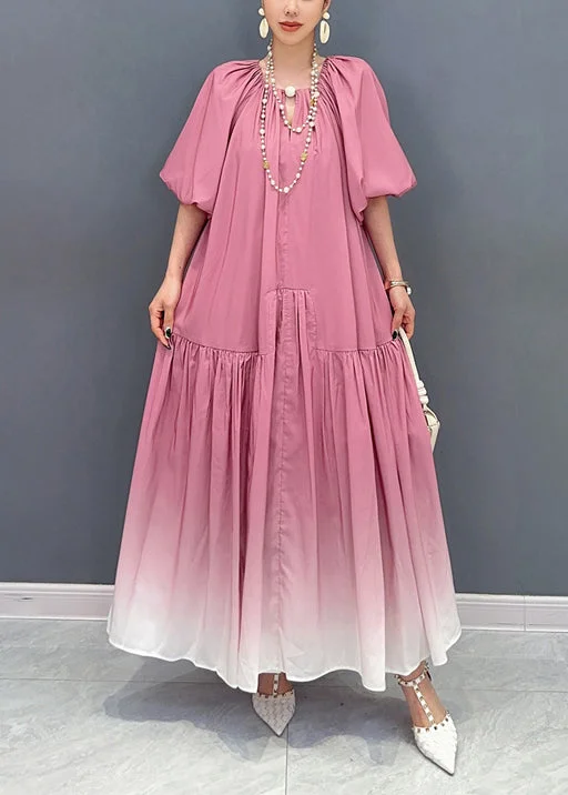 Stylish Gradient Pink Puff Sleeve Wrinkled Patchwork Cotton Long Dresses