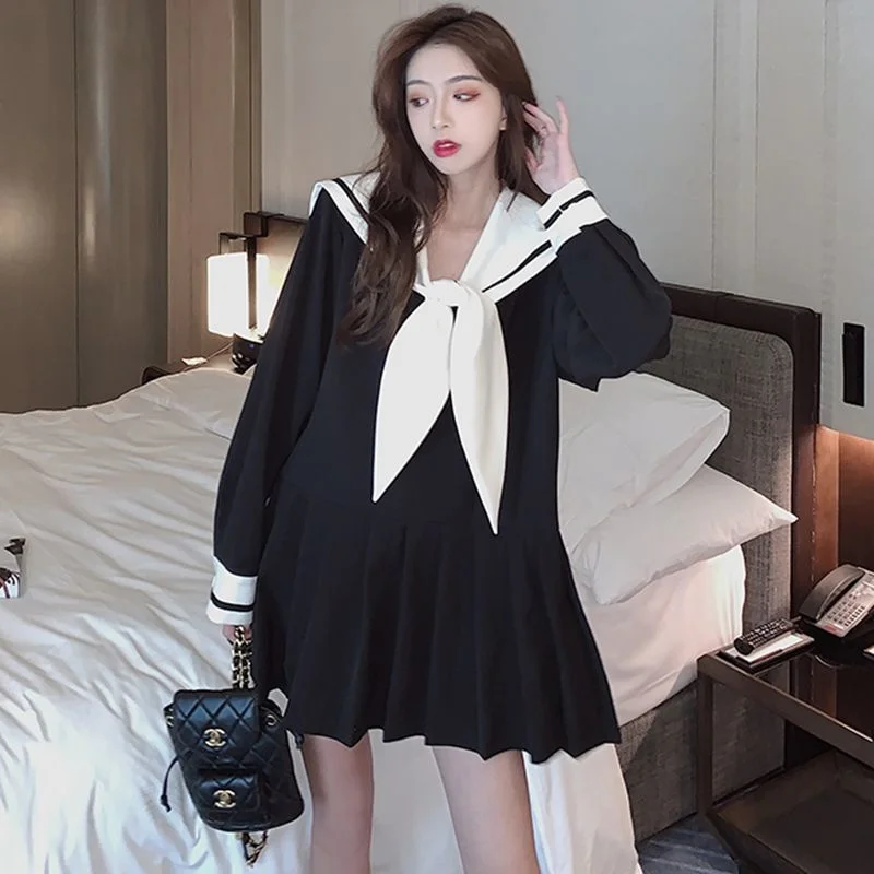 Long Sleeve Dress Women Sailor Collar Pleated JK Plus Size 3XL Sweet Japanese Style Slim Mini Dresses Bow Ins Fashion Street New