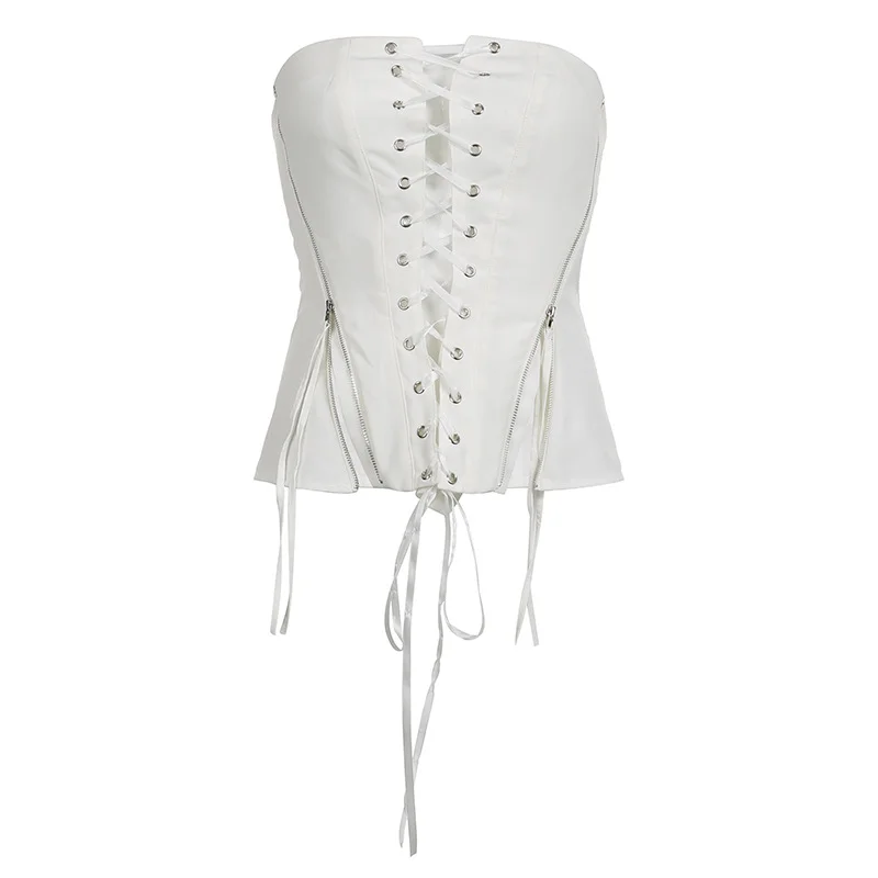 Ueong Girls Wind Zipper Strap Waist White Wiped Chest Blouse 2023 Summer New Ins Slim Body And Bare Back Vest