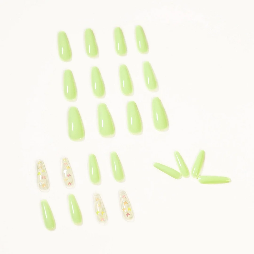 24pc Light Green Butterfly Fake Nails Long Ballerina Coffin False Nail Tip Full cover Fake Nails Glue DIY Manicure Nail Art Tool-Nail Inspo