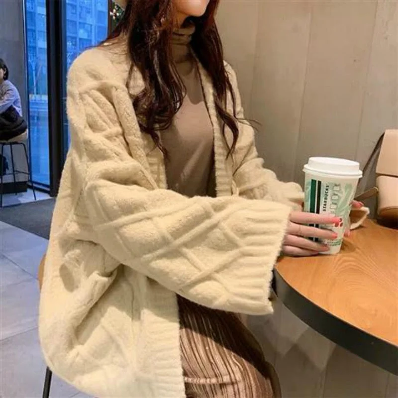 Women Sweaters Winter Cardigans Knitting Rhombus Horn Buckle Thick Loose All-match Students Autumn Korean Style Oversize Ulzzang