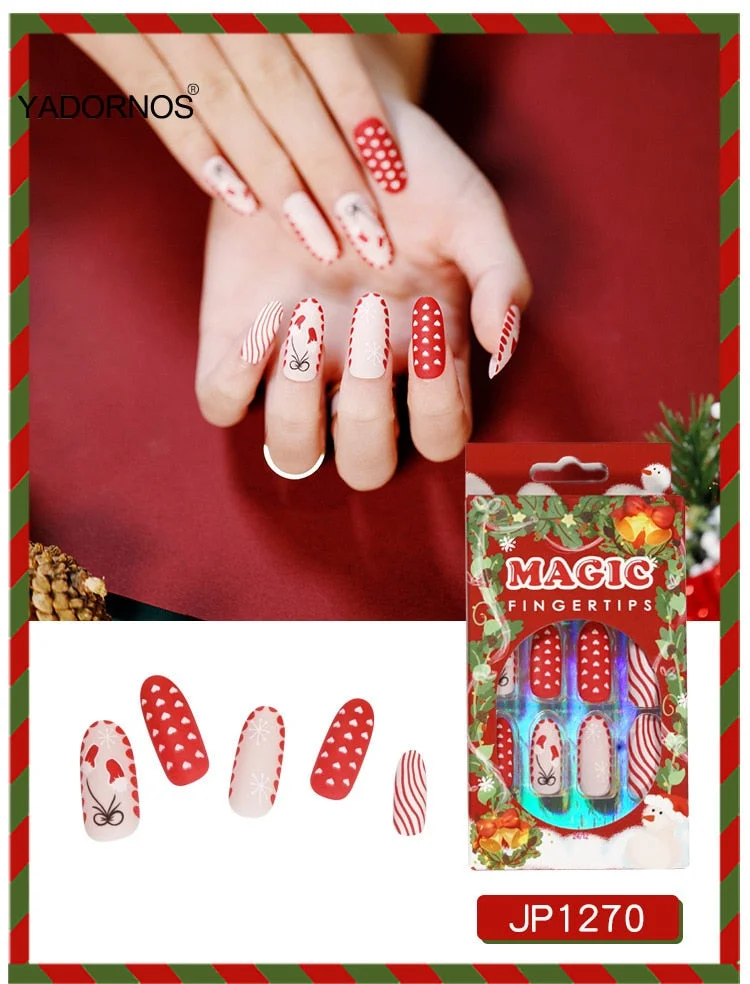 24pcs Christmas Stickers On Nails Patch Glue Type Removable Long coffin Paragraph Fashion Manicure free shipping press on nails-Nail Inspo