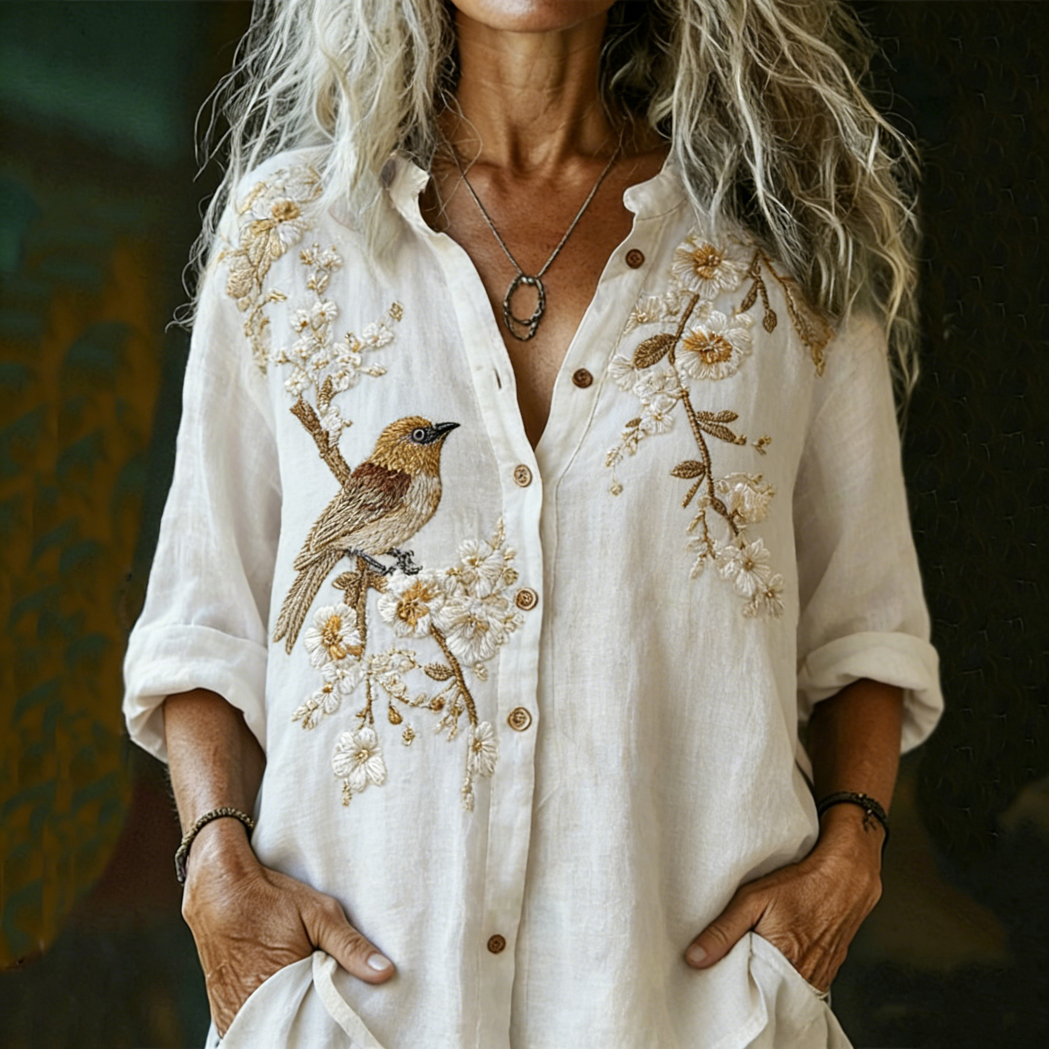 Women's Vintage Floral And Bird Print Long-sleeve Shirt elevenforest