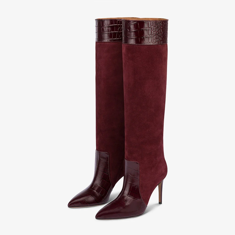 Burgundy Croco Embossed Stiletto Heel Knee High Boots for Women
