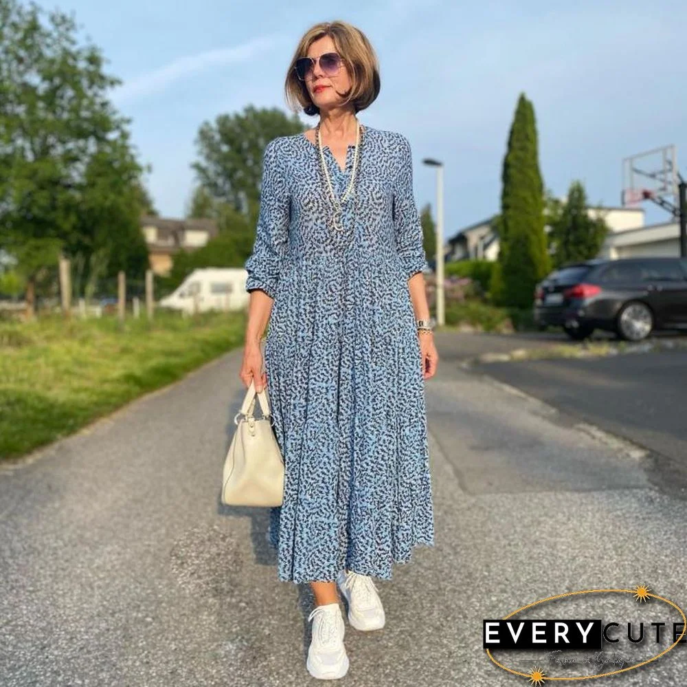 Long Sleeve Pleated Printed V Neck Casual Dress