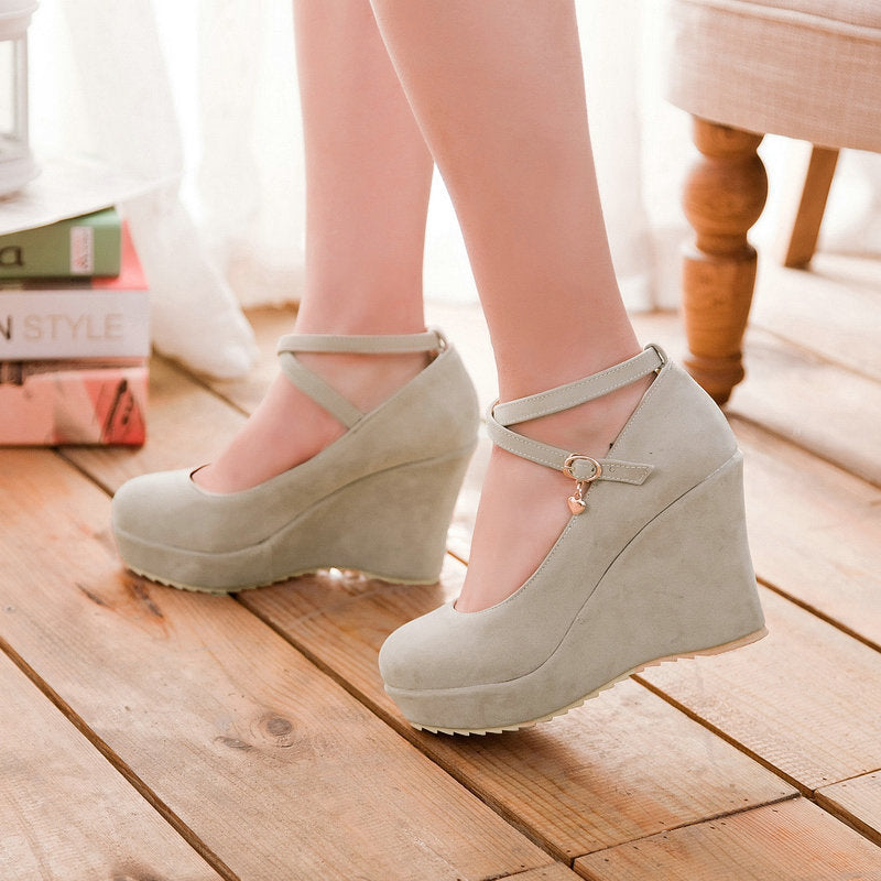 Ankle criss cross strap wedge shoes spring summer round toe princess wedge loafers