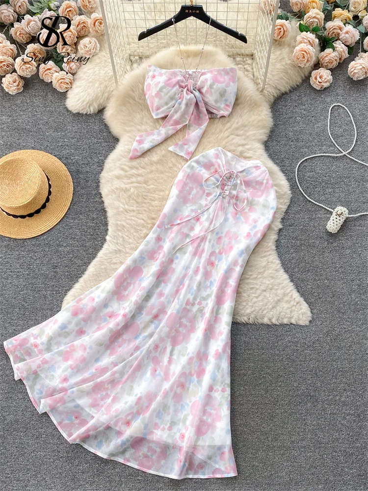 Huibahe Vacation Beach Style Two Pieces Suits Strapless Halter Chain Mini Tank+Bodycon Fishtail Skirt Fashion Floral Sexy Sets