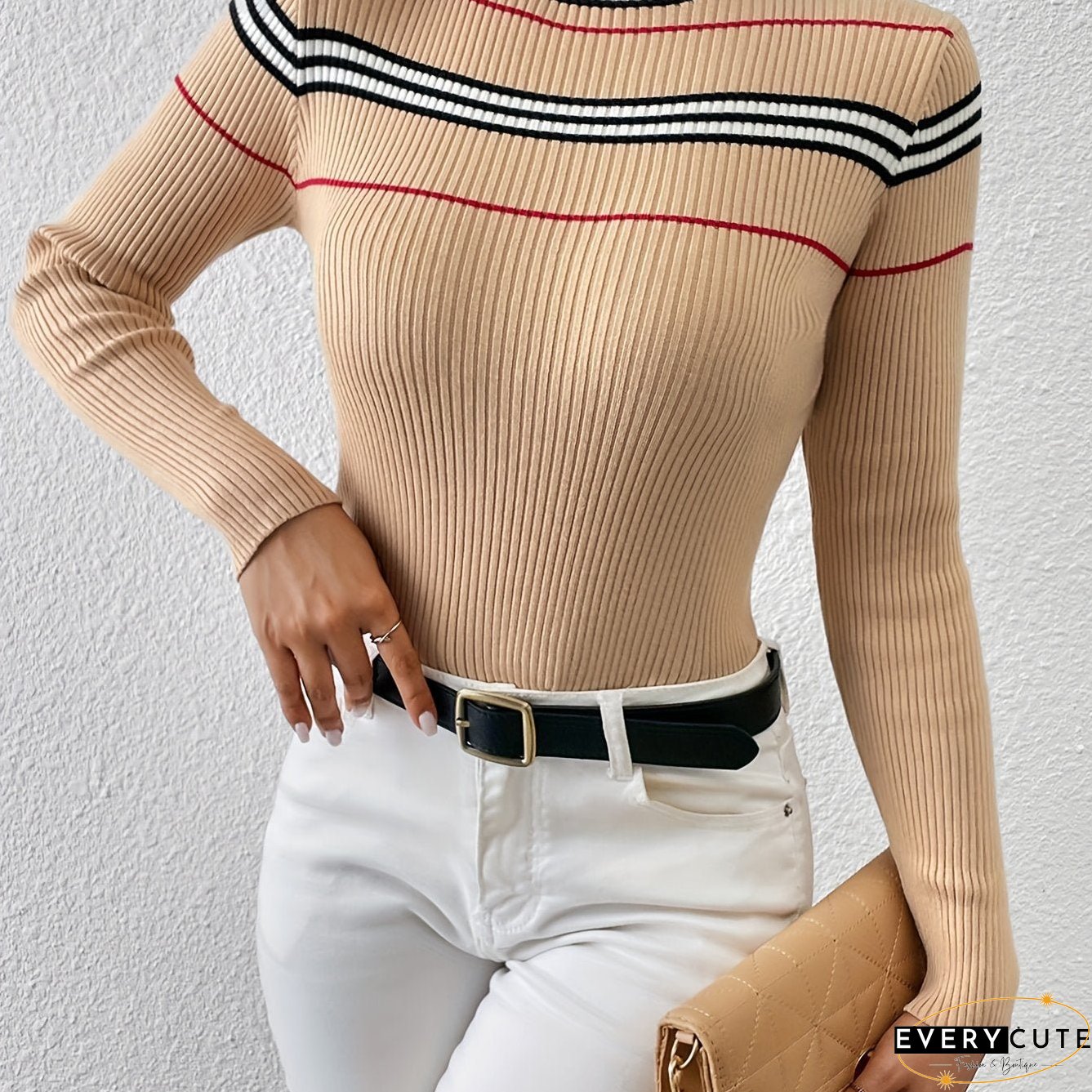 Striped Turtle Neck Pullover Sweater, Casual Long Sleeve Slim Sweater For Fall & Winter, Women's Clothing