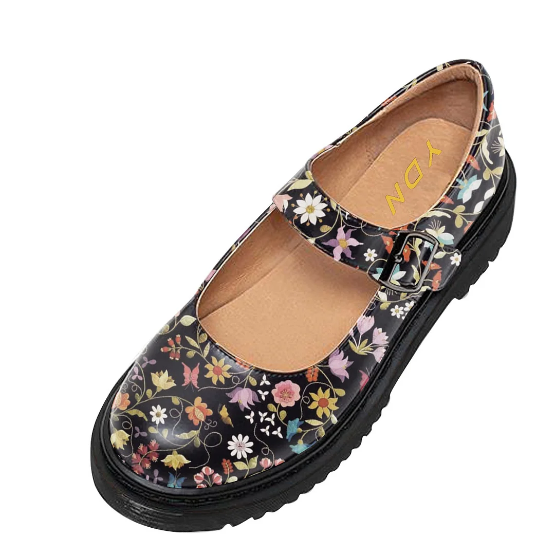 Colorful Floral Printed Vegan Leather Round Toe Black Mary Janes 