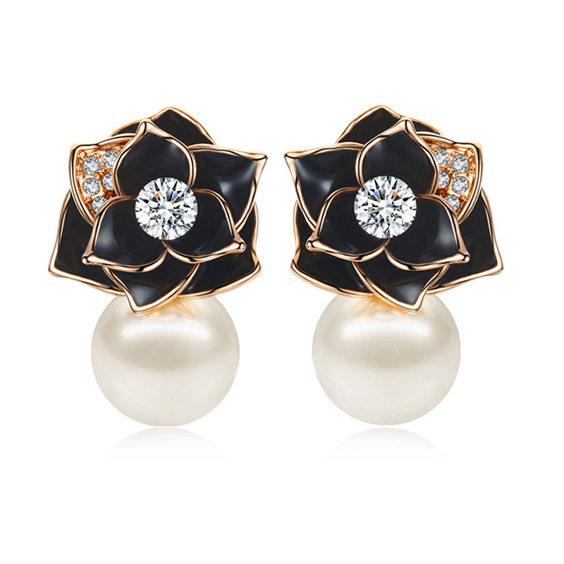 MIKAMU Flower Stud Earrings 14K Gold Plated Cubic Zirconia Sparkle Black Rose flower Pearl Dangle Earrings for Women Drop Earrings